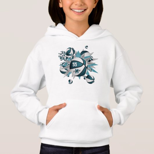Mädchen Sportbekleidung aquamariner weißer Basketb Hoodie (Vorderseite)