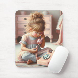 Mädchen spricht auf einem Retro-Rosa-Telefon Mousepad