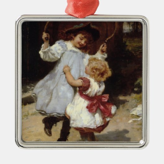 Mädchen springen mit einem Skipferd Ornament Aus Metall (Vorne)