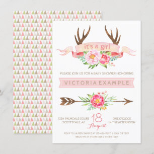 Mädchen-Stammes-Geweih-Blumen-Baby-Shower-Einladun Einladung