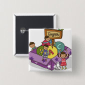 Mädchen stehend mit den Armen angehoben und dem Button (Vorne & Hinten)