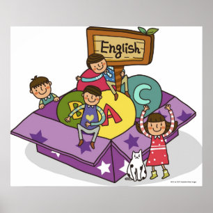 Mädchen stehend mit den Armen angehoben und dem Poster