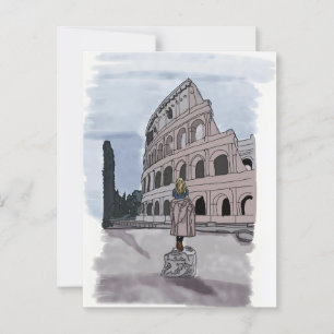 Mädchen stehend vor Kolosseum. Postkarte