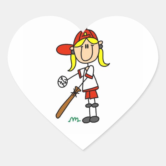 Mädchen-Strichmännchen-Baseball-Schlagmann Herz-Aufkleber (Vorderseite)
