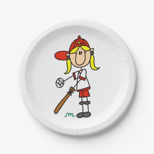 Mädchen-Strichmännchen-Baseball-Schlagmann Pappteller (Vorderseite)