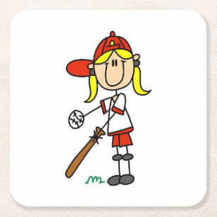 Mädchen-Strichmännchen-Baseball-Schlagmann Rechteckiger Pappuntersetzer