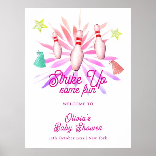 Mädchen-Strike-Up-Bowling-Baby-Shower-Willkommen Poster (Vorne)