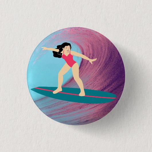 Mädchen surfen bei Sonnenuntergang. Button (Vorderseite)