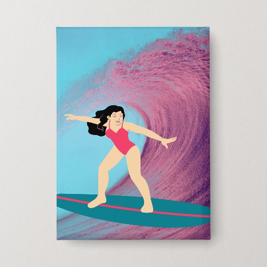 Mädchen surfen bei Sonnenuntergang. Button (Vorderseite)