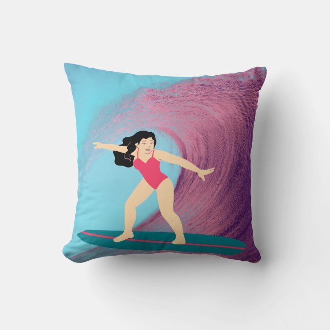 Mädchen surfen bei Sonnenuntergang. Kissen (Vorderseite)