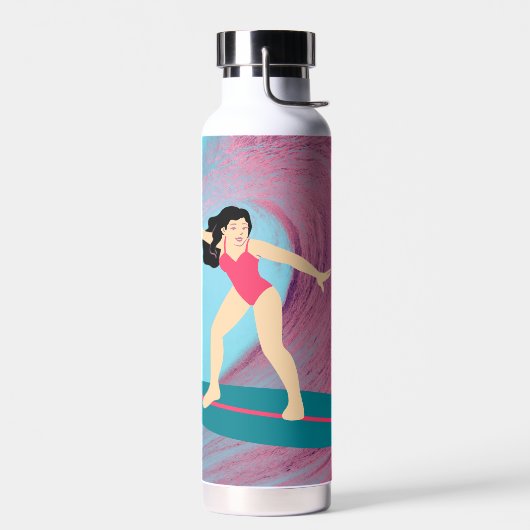 Mädchen surfen bei Sonnenuntergang. Trinkflasche (Links)