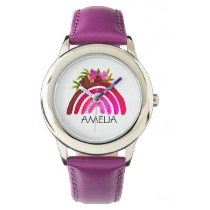 Mädchen Süß Boho Aquarell Regenbogen und Name Armbanduhr