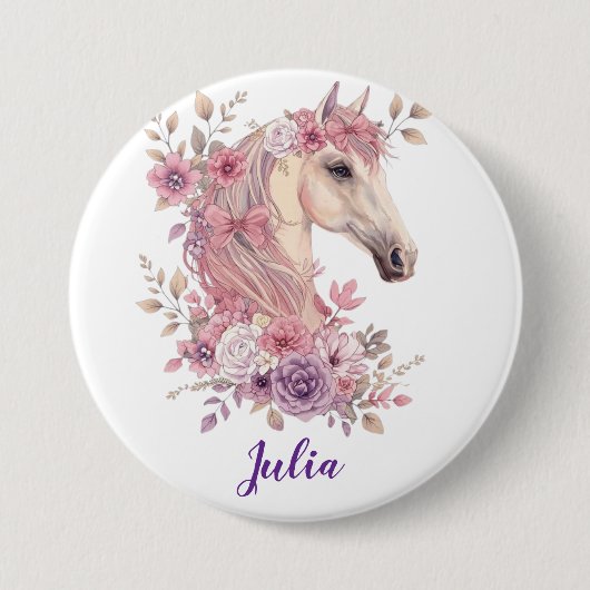 Mädchen Süß Pastell Rosa Lila Pferd Monogramm Button (Vorderseite)