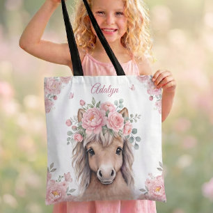 Mädchen Süß Rosa Florales Pferd Personalisierter N Tasche