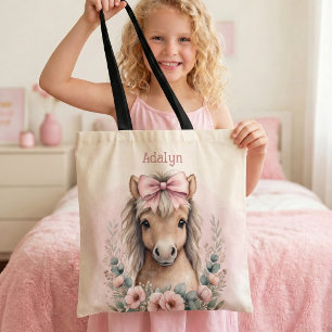 Mädchen Süß Rosa Florales Pferd Personalisierter N Tasche