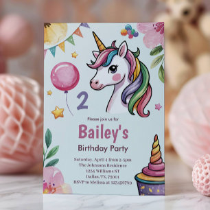 Mädchen Süßes Pastell Einhorn Kinder 2. Geburtstag Einladung