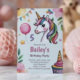 Mädchen Süßes Pastell Einhorn Kinder 5. Geburtstag Einladung