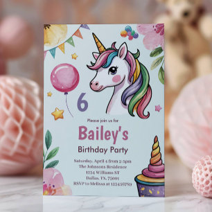 Mädchen Süßes Pastell Einhorn Kinder 6. Geburtstag Einladung