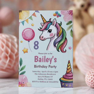 Mädchen Süßes Pastell Einhorn Kinder 8. Geburtstag Einladung