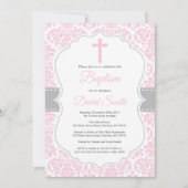 Mädchen-Taufe-Einladungs-rosa und grauer Damast Einladung (Vorderseite)