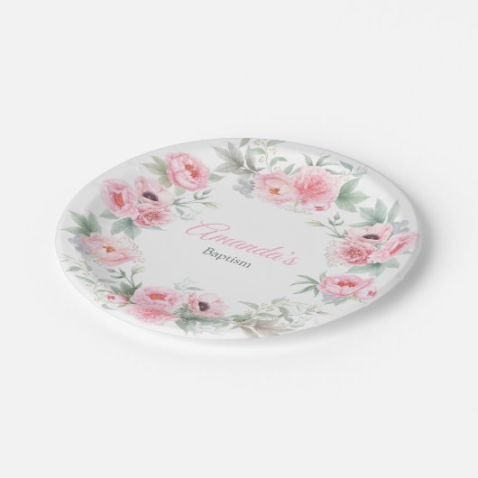 Mädchen-Taufe, elegant, rosa, Aquarell mit Blumen Pappteller (Schrägansicht)