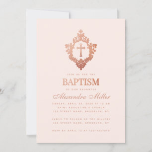Mädchen-Taufe Schamrosé Rosen-Gold Kreuz im Wappen Einladung