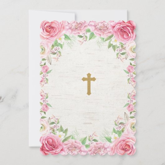 Mädchen-Taufeinladungs-Rosa-GoldBlumen-Rosen Einladung (Rückseite)