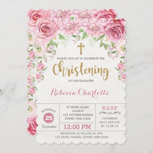 Mädchen-Taufeinladungs-Rosa-GoldBlumen-Rosen Einladung (Vorne/Hinten)