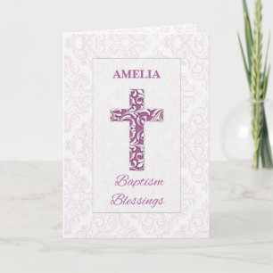 Mädchen Taufsegen Rosa Kreuz Damast Wirbel Karte
