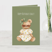 Mädchen Teddybär Grüner Schleife Geburtstag Karte (Vorderseite)