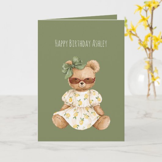 Mädchen Teddybär Grüner Schleife Geburtstag Karte (Gelbe Blume)