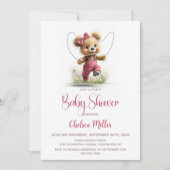 Mädchen Teddybär spielt Springseil-Baby-Party Einladung (Vorderseite)