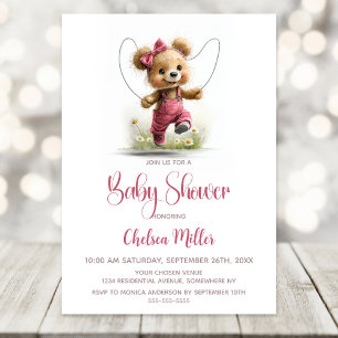 Mädchen Teddybär spielt Springseil-Baby-Party Einladung
