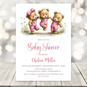 Mädchen-Teddybären in rosa Overall Baby Shower Einladung