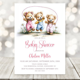 Mädchen-Teddybären spielen Springseil-Baby-Party Einladung