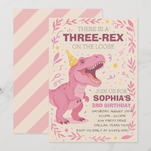 Mädchen Three-Rex Dinosaurier Geburtstag Einladung (Vorne/Hinten)