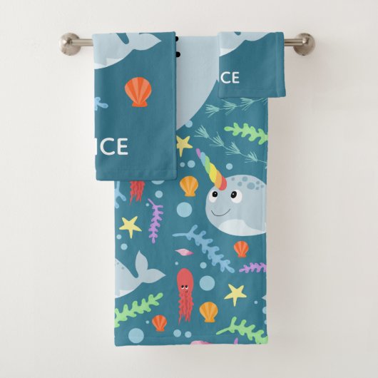 Mädchen Trendy und moderne narwhal Muster Name Kin Badhandtuch Set (Insitu)