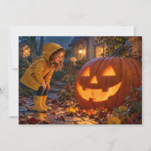 Mädchen trifft riesigen leuchtenden Kürbis Hallowe