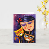 Mädchen-u. Ingwer-Katzen - NoteCard Karte (Gelbe Blume)