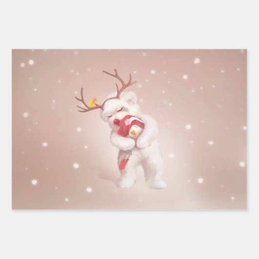 Mädchen umarmender Hund in Rentierfäusten Geschenkpapier Set (Vorderseite)