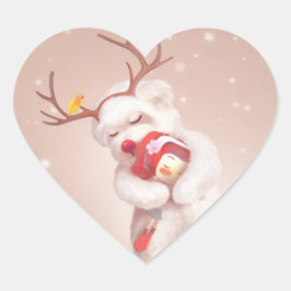 Mädchen umarmender Hund in Rentierfäusten Herz-Aufkleber