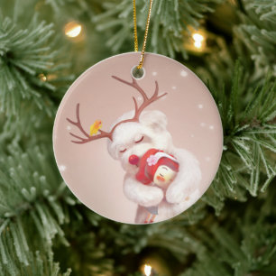 Mädchen umarmender Hund in Rentierfäusten Keramik Ornament