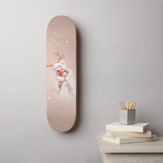 Mädchen umarmender Hund in Rentierfäusten Skateboard (Wandkunst)