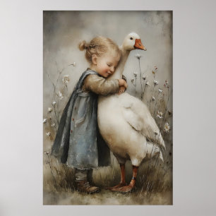 Mädchen umarmt Gans Liebe Druck, Rustikaler Cottag Poster