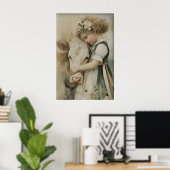 Mädchen umarmt Kuh Antik Druck, Salbeigrün Rustika Poster (Heimbüro)