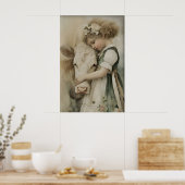 Mädchen umarmt Kuh Antik Druck, Salbeigrün Rustika Poster (Küche)