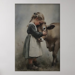 Mädchen umarmt Kuh Antikdruck, Vintage Farmhaus Poster