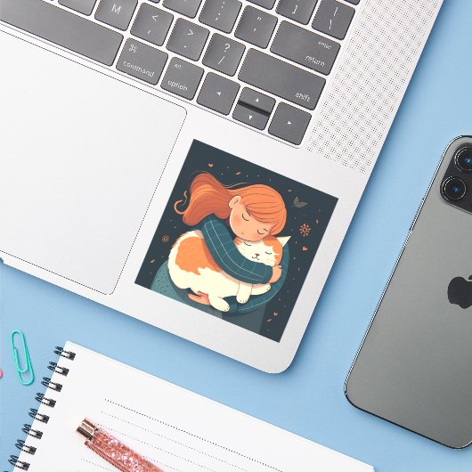 Mädchen umarmt niedlichen KatzenCartoon. Kind und Aufkleber (Laptop mit iPhone)