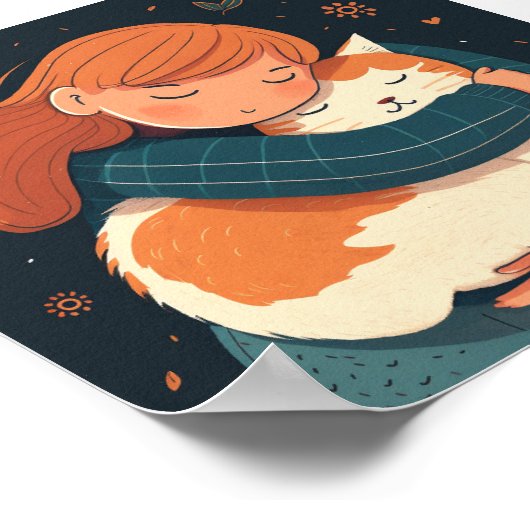 Mädchen umarmt niedlichen KatzenCartoon. Kind und  Poster (Ecke)