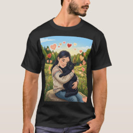 Mädchen umarmt schwarze Katze | Wildblumenfeld-Ill T-Shirt
